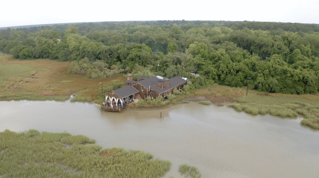 Drone shot of cocktail hour at the Cotton Dock at Boone Hall