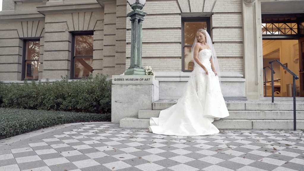 Bridal portraits on the grand staircase in front of top the Gibbes Museum of Art.